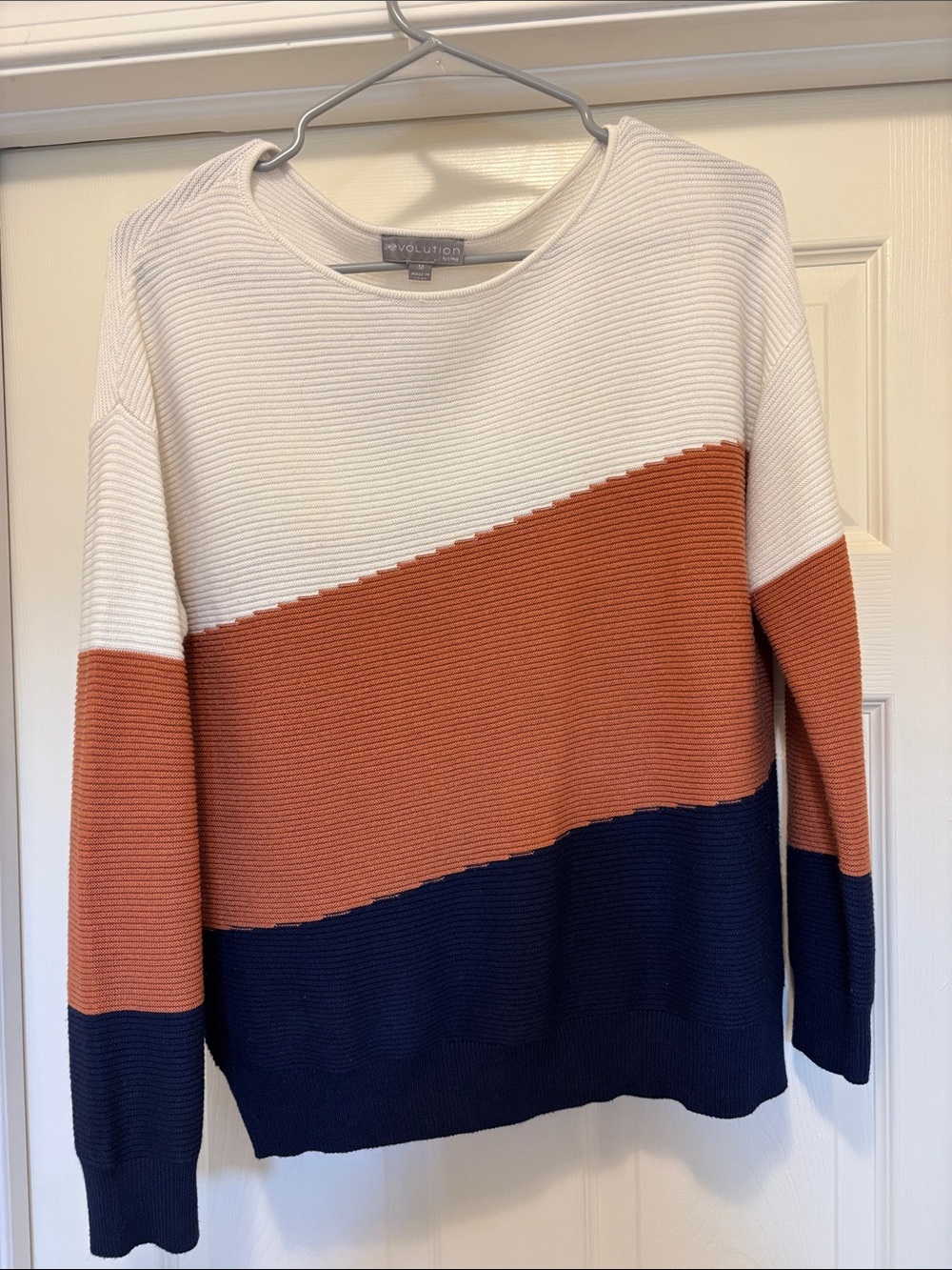 White, Rust & Navy Diagonal Colorblock Crewneck Sweater